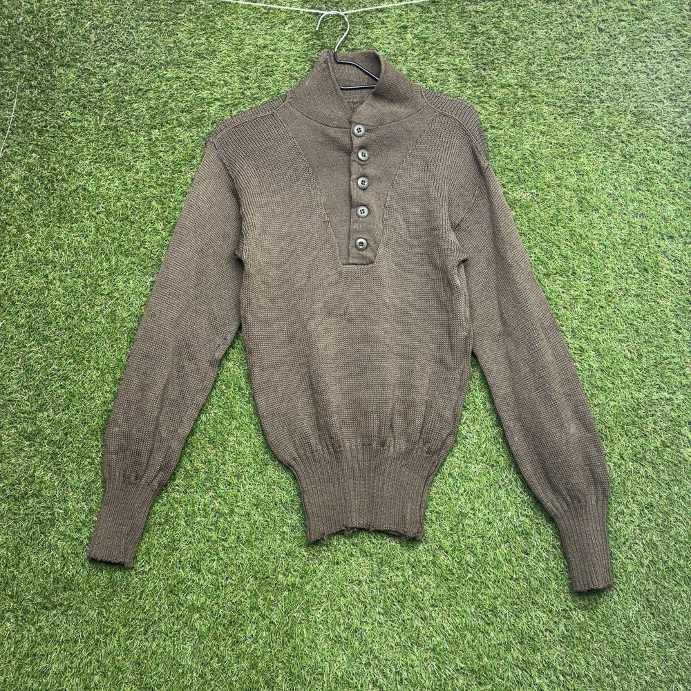 VINTAGE US Army Sweater Mens Small Brown Long Sleeve Wool 5 Button Henley 80s